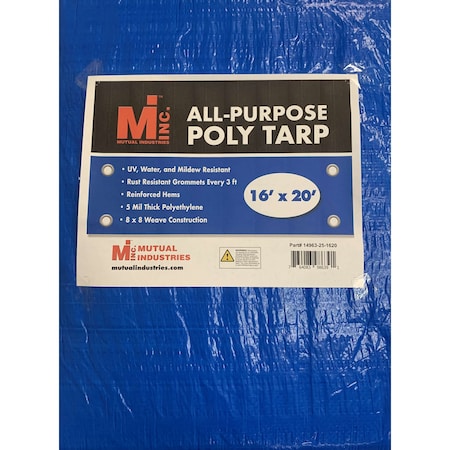 Mutual Industries Tarp, 16 ft x 20 ft, 5 Mil, Blue, UV Resistant, Mildew Resistant 14963-25-1620